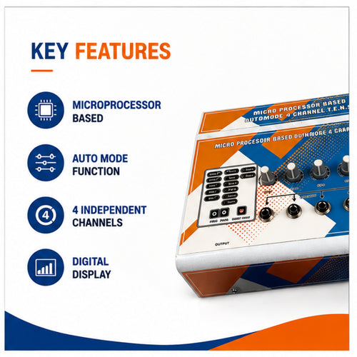 Key features infographic of 4 channel TENS machine showing auto mode therapy, multiple output channels, easy controls, digital display and pain relief support