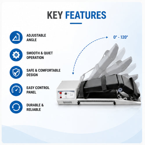 Knee CPM machine key features including adjustable angle, smooth quiet operation, comfortable design, easy control panel and durable construction