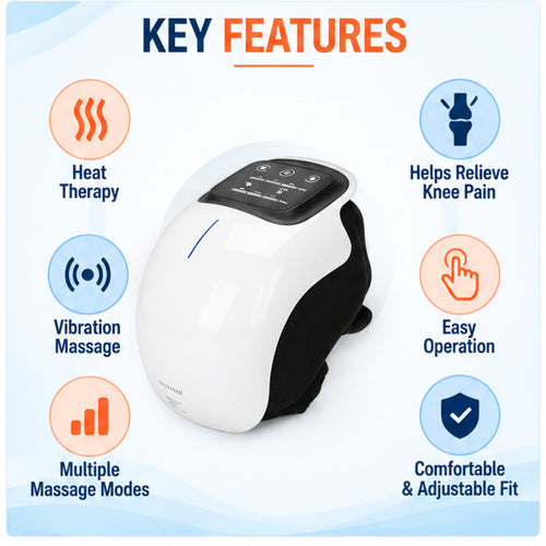 Knee massager key features including heat therapy, vibration massage, multiple massage modes, easy operation and adjustable fit