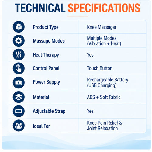 Knee massager technical specifications with vibration and heat modes, touch controls, rechargeable USB power and adjustable strap