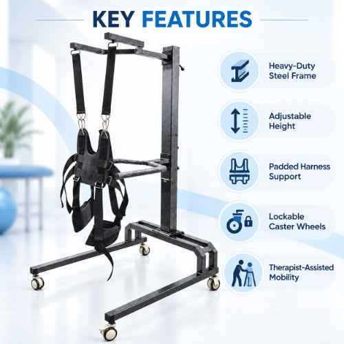 Manual gait trainer key features including adjustable height, padded harness support, lockable caster wheels and therapist-assisted mobility