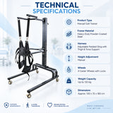 Manual gait trainer technical specifications with heavy-duty powder-coated steel frame, padded harness, manual height adjustment and lockable caster wheels