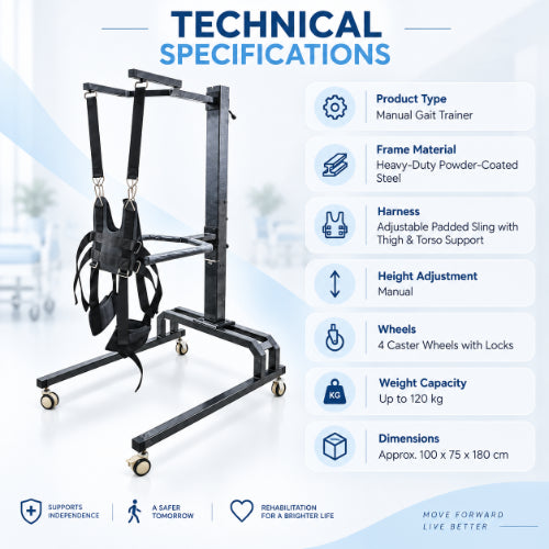 Manual gait trainer technical specifications with heavy-duty powder-coated steel frame, padded harness, manual height adjustment and lockable caster wheels
