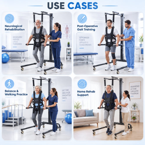 Manual gait trainer use cases for neurological rehabilitation, post-operative gait training, balance and walking practice, and home rehabilitation support