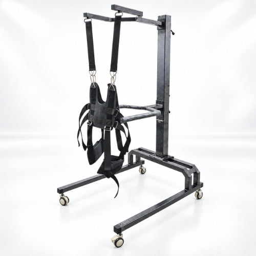 Manual gait trainer with padded suspension harness, heavy-duty steel frame and wheeled base for assisted mobility training