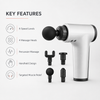Massage gun key features including 6 speed levels, 4 massage heads, percussion massage, handheld design and targeted muscle relief