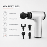Massage gun key features including 6 speed levels, 4 massage heads, percussion massage, handheld design and targeted muscle relief
