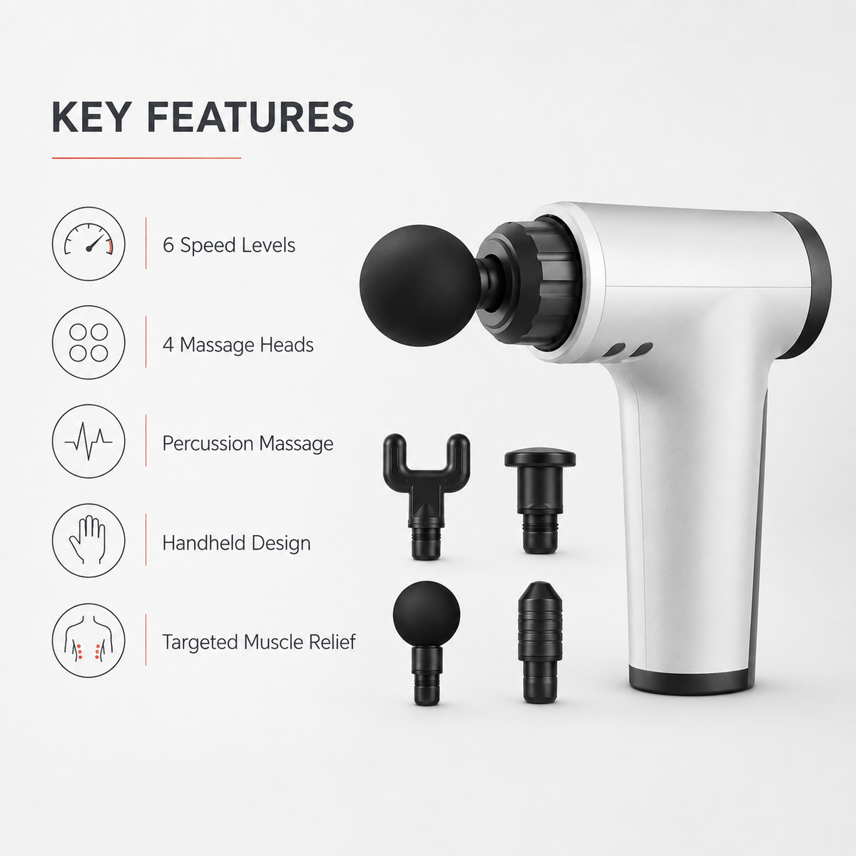Massage gun key features including 6 speed levels, 4 massage heads, percussion massage, handheld design and targeted muscle relief