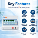 Medansh digital IFT therapy machine key features including 45 pre-set programs, digital display, dual frequency, multiple beat frequencies and adjustable therapy modes