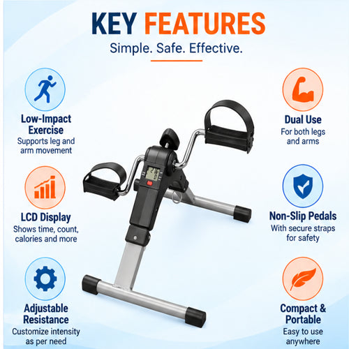 Medansh pedo cycle manual key features including low-impact exercise, dual arm and leg use, LCD display, adjustable resistance and portable design