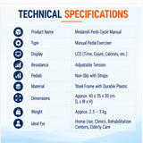 Medansh pedo cycle manual technical specifications with LCD display, adjustable resistance, non-slip pedals and steel frame