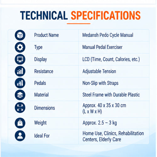 Medansh pedo cycle manual technical specifications with LCD display, adjustable resistance, non-slip pedals and steel frame