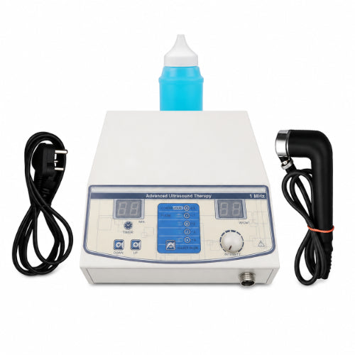 Medansh semi-digital 1 MHz ultrasound therapy machine with ultrasound probe, power cable and gel bottle