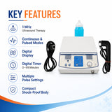 Medansh semi-digital ultrasound therapy machine key features including 1 MHz frequency, pulsed modes, digital timer and display