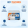 Mini muscle stimulator key features including muscle stimulation, adjustable intensity, compact design and reliable physiotherapy use