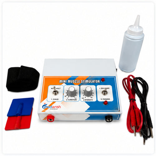 Mini muscle stimulator machine with electrodes, connecting cables, strap and gel bottle for physiotherapy and rehabilitation use