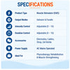 Muscle stimulator specifications with Galvanic and Faradic output modes, adjustable intensity, duration control and AC mains operation