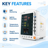 Neonatal patient monitor key features including NIBP monitoring, SpO2 and pulse rate tracking, temperature measurement, alarms and rechargeable battery