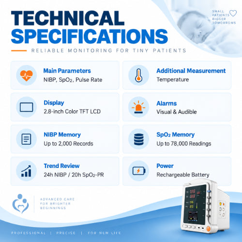 Neonatal patient monitor technical specifications including NIBP, SpO2, pulse rate, temperature measurement, alarms and rechargeable battery