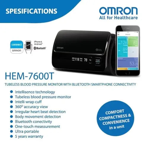 Omron HEM-7600T Tubeless Bluetooth BP Monitor Made In Japan