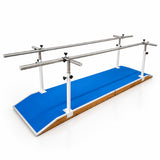 Parallel bar rehabilitation system with dual stainless steel handrails, blue walking platform and ramp for gait and mobility training