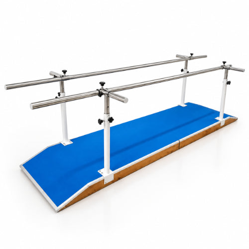 Parallel bar rehabilitation system with dual stainless steel handrails, blue walking platform and ramp for gait and mobility training
