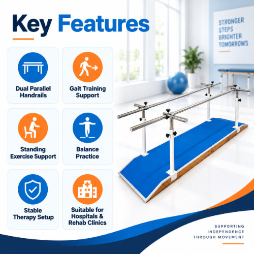 Parallel bar system key features including dual handrails, gait training support, standing exercise support, balance practice and stable therapy setup