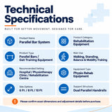 Parallel bar system technical specifications showing rehabilitation use, dual parallel handrails, hospital and physiotherapy clinic suitability, and 6 ft, 8 ft or 10 ft size options