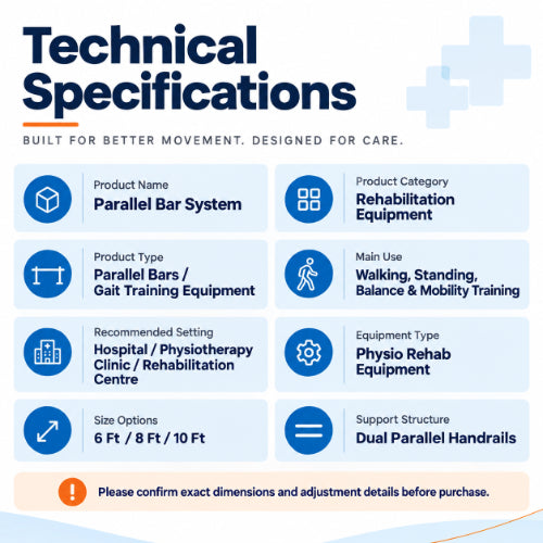 Parallel bar system technical specifications showing rehabilitation use, dual parallel handrails, hospital and physiotherapy clinic suitability, and 6 ft, 8 ft or 10 ft size options