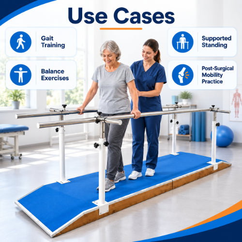 Parallel bar system use cases for gait training, balance exercises, supported standing and post-surgical mobility practice