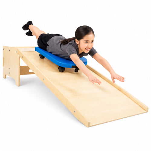 Pediatric scooter board with wooden slide ramp for balance, coordination, sensory play and rehabilitation activities