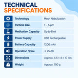 portable mesh nebulizer specifications with 1–5 μm particle size, 8 ml capacity and 1200 mAh battery