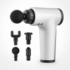 Portable handheld massage gun with four interchangeable massage heads for targeted percussion massage and muscle recovery