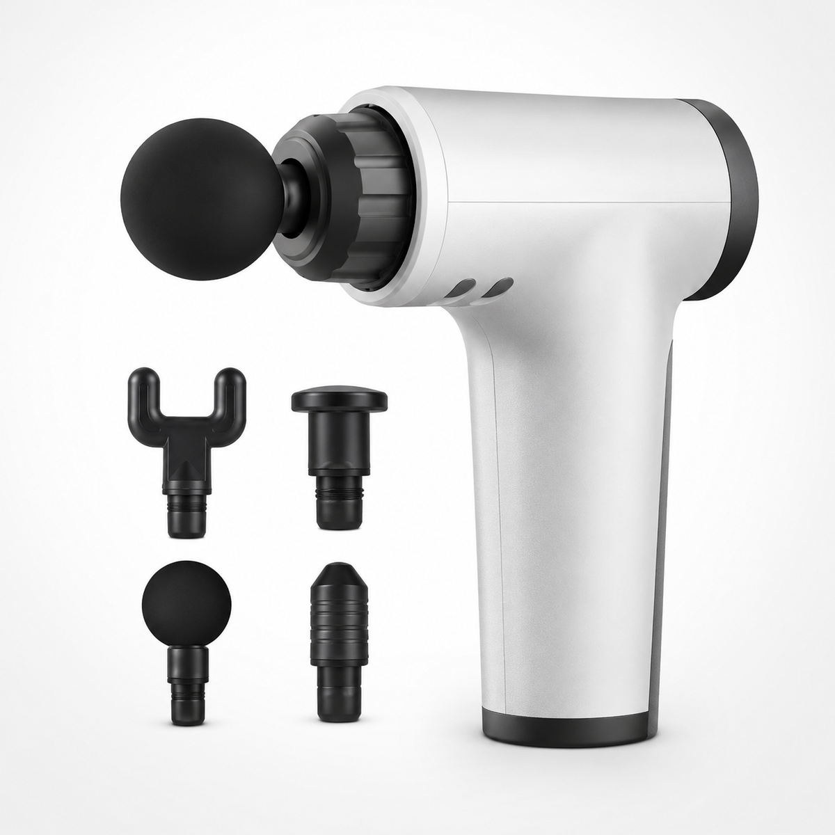 Portable handheld massage gun with four interchangeable massage heads for targeted percussion massage and muscle recovery