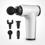 Portable handheld massage gun with four interchangeable massage heads for targeted percussion massage and muscle recovery