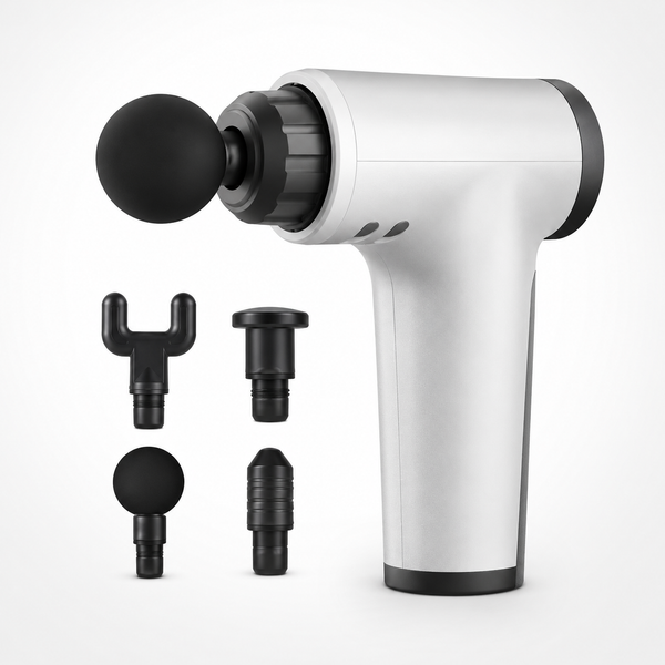 Portable handheld massage gun with four interchangeable massage heads for targeted percussion massage and muscle recovery