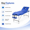 Portable massage table key features including foldable design, adjustable backrest, 2-inch PU foam, water and oil resistance and sturdy construction