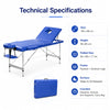 Portable massage table technical specifications with 185 × 66 cm size, 59–83 cm adjustable height, aluminum legs and compact folded design