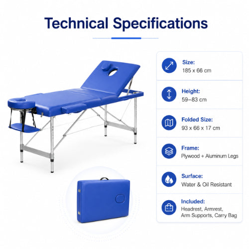 Portable massage table technical specifications with 185 × 66 cm size, 59–83 cm adjustable height, aluminum legs and compact folded design