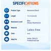 Resistance band specifications showing 1.5 m length, blue heavy resistance level, blue color and suitability for home, clinic and professional use