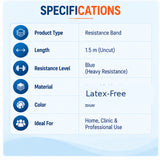 Resistance band specifications showing 1.5 m length, blue heavy resistance level, blue color and suitability for home, clinic and professional use