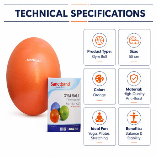 Sanctband 55 cm orange gym ball technical specifications with anti-burst material for yoga, Pilates, stretching and stability training