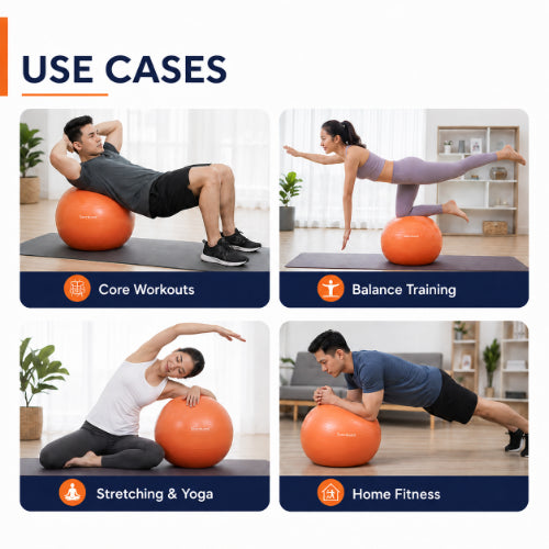 Sanctband gym ball use cases for core workouts, balance training, stretching, yoga and home fitness exercises