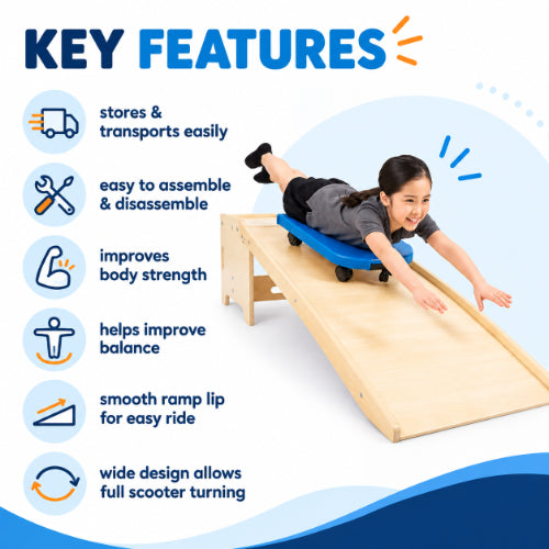 Scooter board and slide ramp key features including easy assembly, portable design, body strength support, balance training and smooth wide ramp