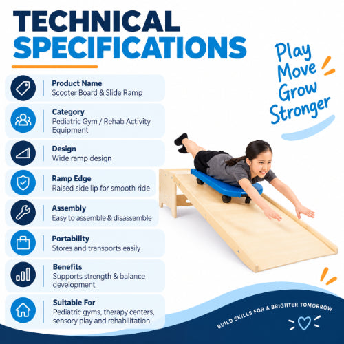 Scooter board and slide ramp technical specifications for pediatric gym, rehabilitation, balance and sensory activity training