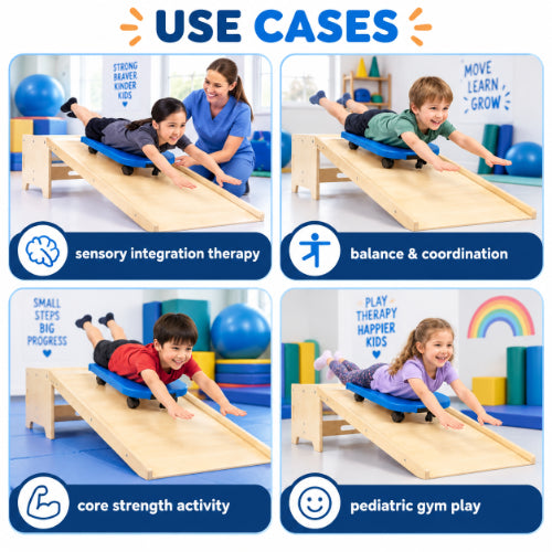Scooter board and slide ramp use cases for sensory integration therapy, balance and coordination, core strength activities and pediatric gym play