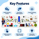 Sensory learning wall panel key features including multi-activity panels, fine motor skill support, visual tracking, tactile elements and wall-mounted design