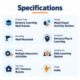 Sensory learning wall panel specifications showing wall-mounted multi-panel activity station for sensory play, learning and occupational therapy rooms