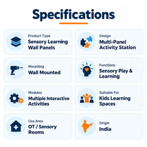 Sensory learning wall panel specifications showing wall-mounted multi-panel activity station for sensory play, learning and occupational therapy rooms
