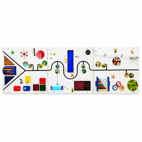 Sensory learning wall panel with multiple interactive activities for fine motor, visual tracking, tactile and sensory development